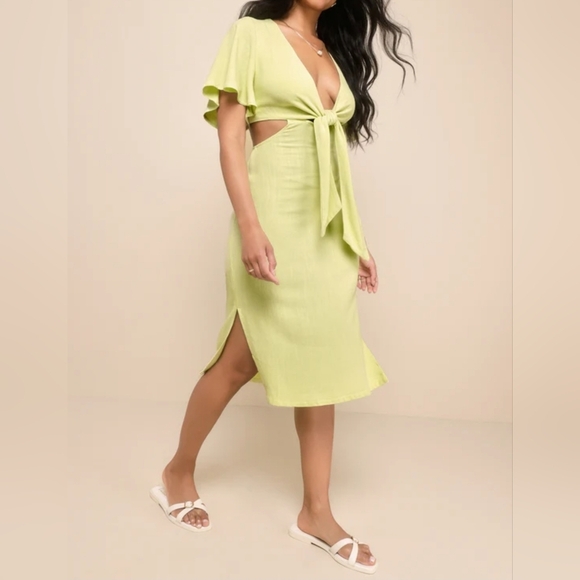 Lulus Women's Summer Journey Light Green Tie-Front Cutout Midi Dress, NWOT, MED - Picture 9 of 13